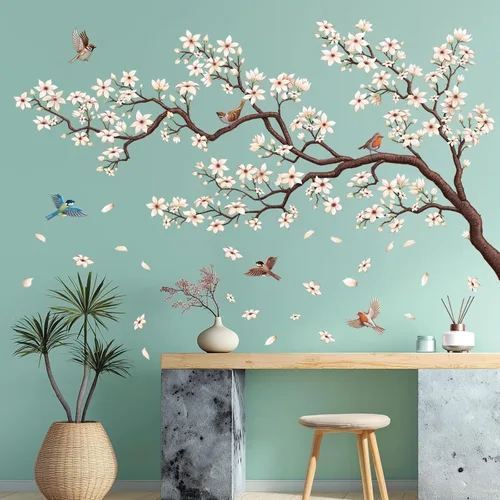Vista 4 de DECOWALL SG4-2317 Vinilo adhesivo para pared con flores orientales y ramas de cerezo, diseño de pájaros, para habitación de niños, decoración