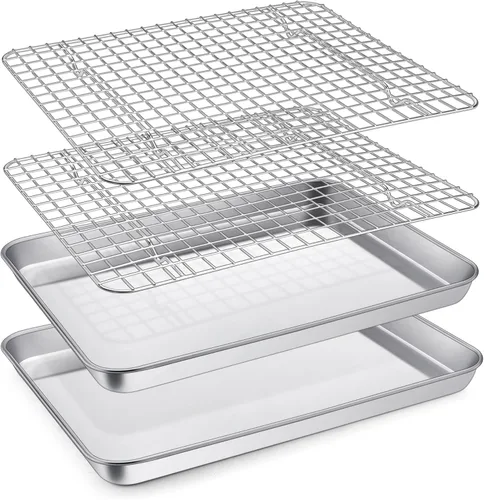 Vista 12 de P&P CHEF, bandeja para horno tostador de 9 pulgadas con juego de rejilla, bandeja de hornear de acero inoxidable y rejilla de enfriamiento