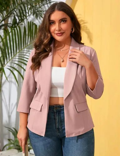 Vista 2 de ShopWonder Blazer casual con bolsillos para mujer, talla grande, para oficina, frente abierto, manga 34, cárdigans, chaqueta de trabajo