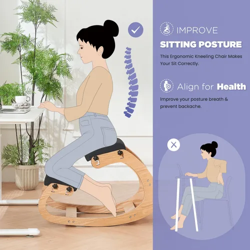 Vista 6 de Silla ergonómica, mecedora ajustable para oficina en casa, silla de oficina de madera para aliviar el dolor de espalda, color negro