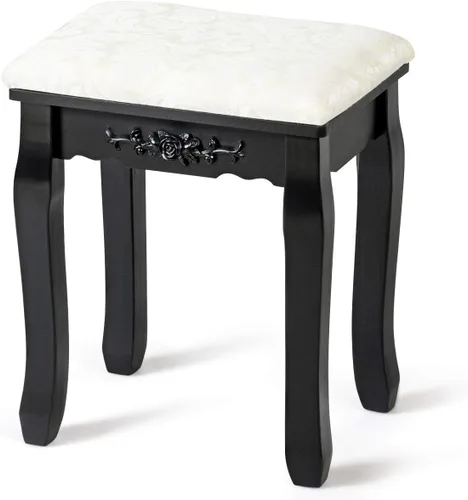 Vista 3 de Taburete de tocador, asiento acolchado suave, bonitos patrones y tallado delicado, negro, blanco
