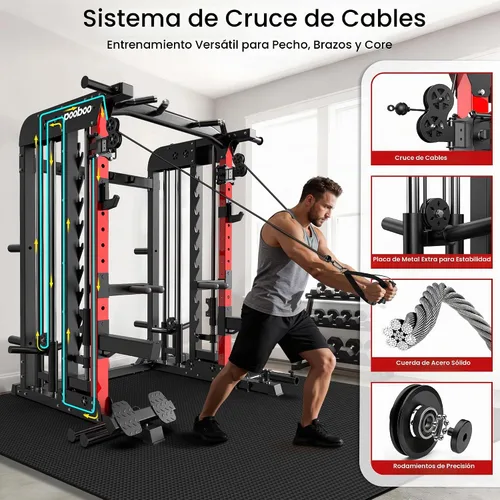 Vista 3 de pooboo Power Cage Smith Machine with 2000LB Squat Rack Cable System LAT Pulldown and Dual Pulley Cable Crossover with All-in-One Home Gym Machine