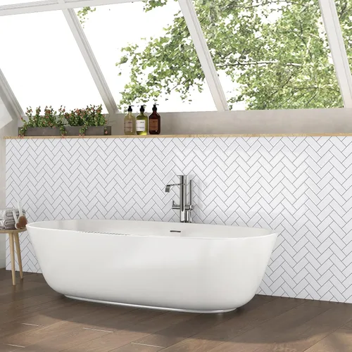 Vista 4 de Azulejo 3D de espiga blanca para salpicaduras de despegar y pegar, 10 hojas de azulejos brillantes para pared de cocina, baño, azulejos