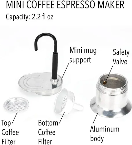 Vista 7 de Olla de un solo tubo, fabricante portátil de 1 taza de 1.7 fl oz, ligera y cafetera de preparación a mano para uso en estufa, adecuada para fiestas