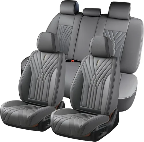 Vista 22 de FLORICH Juego completo de fundas para asiento de coche, fundas de asiento de cuero, fundas universales de lujo para 5 asientos en color negro