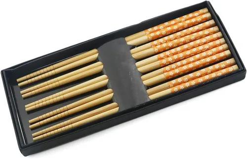 Vista 7 de Juego de 5 pares de palillos de bambú, reutilizables, estilo japonés, antideslizantes, juego de palillos clásicos de bambú natural, aptos