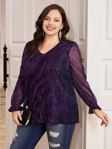 Vista 2 de Hanna Nikole Blusa de fiesta con lentejuelas brillantes para mujer, talla grande, manga larga, de malla, con purpurina, cuello en V, elegante