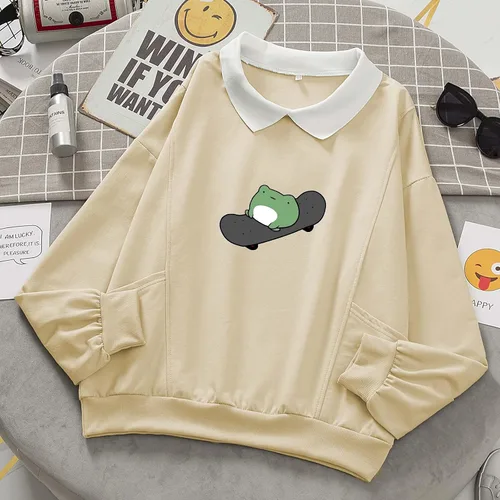 Vista 5 de Sudadera casual de skate de rana para mujer, manga larga, cuello con bolsillo, para adolescentes y niñas