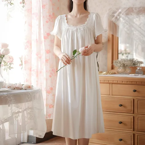 Vista 3 de Camisón victoriano de algodón para mujer, suave, largo, para dormir, manga corta, pijama de princesa, ropa de dormir