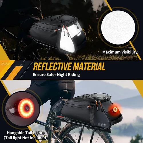 Vista 6 de WOTOW Bolsa impermeable para portabicicletas – Bolsa de maletero de bicicleta de gran capacidad de 10 L, alforjas reflectantes para sillín