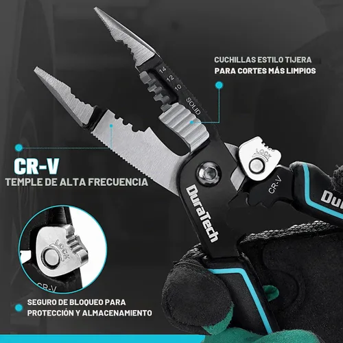 Vista 4 de DURATECH Pelacables 5 en 1, pelacables de 8 pulgadas y herramienta de prensado, construcción CR-V premium, alicates de punta de aguja, alicates