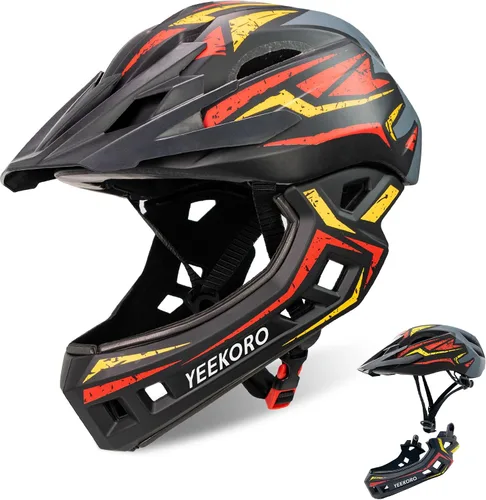 Vista 9 de Kids Bike Helmet with Chin Guard, Adjustable Full Face Helmet Negro-rojo