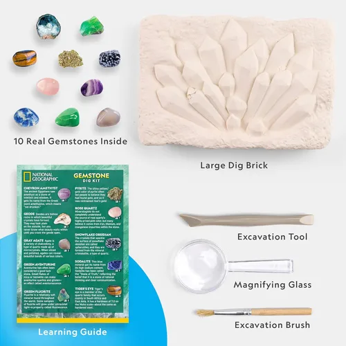 Vista 5 de Kit de excavación de piedras preciosas de National Geographic – Excava 10 piedras preciosas y cristales reales, kit científico para niños, kit