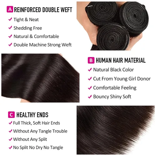Vista 4 de Extensiones de cabello humano lacio 10A 100% sin procesar, cabello virgen brasileño, lacio, 3 paquetes de 16, 18, 20 pulgadas, extensiones