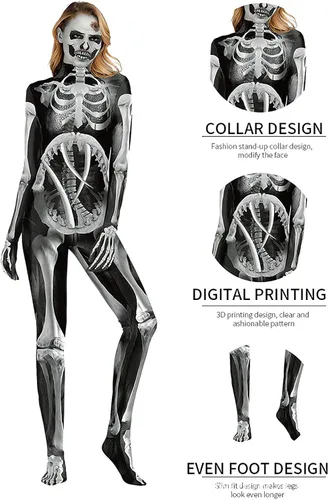 Vista 6 de Disfraces de Halloween para mujer body ajustado de esqueleto de talla grande body de manga larga para adultos traje sexy