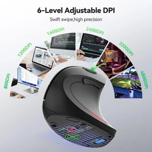 Vista 4 de TECKNET Jiggler Ratón ergonómico, mouse vertical inalámbrico Bluetooth de 4800 DPI con 6 niveles de DPI ajustables, 2.4 GHz (USB A y C), mouse