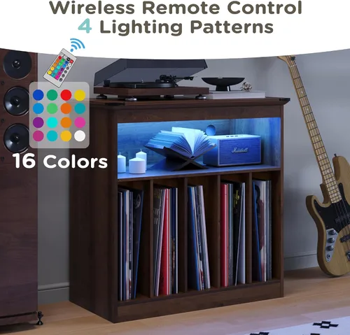 Vista 5 de MHOM Farmhouse - Soporte grande para tocadiscos con tomas de corriente y luces LED, soporte para discos de vinilo con capacidad para hasta 150