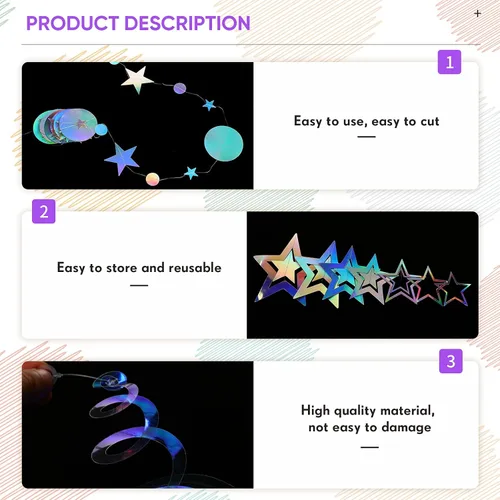 Vista 3 de 37 piezas de decoraciones holográficas iridiscentes para fiestas, remolinos con purpurina, guirnalda de galaxia, suministros de fiesta de estrella