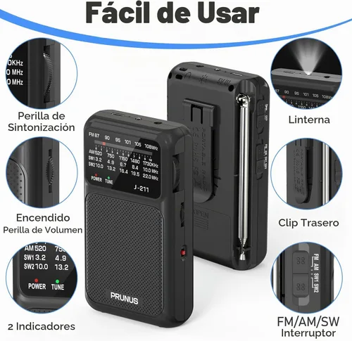Vista 5 de PRUNUS J211 Radio portátil AM FM, carga USB C y funciona con pilas AA Negro