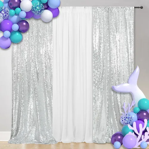 Vista 15 de SquarePie - Cortina de lentejuelas 2 pies x 8 pies, azul bebé, 2 piezas, decoración brillante para bodas y fiestas