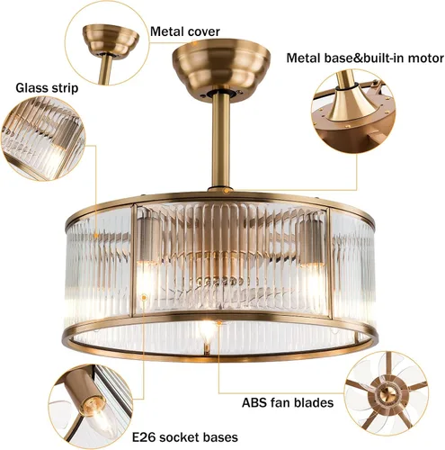 Vista 2 de AngelcityCC Ventiladores de techo enjaulados dorados con luz, ventilador de techo sin aspas de 18 pulgadas con control remoto, luz de ventilador