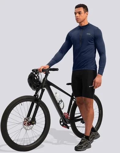 Vista 6 de Bikewa - Camiseta de ciclismo para hombre de manga larga con cremallera trasera 3+1, transpirable, UPF 50+, con media cremallera, para montar