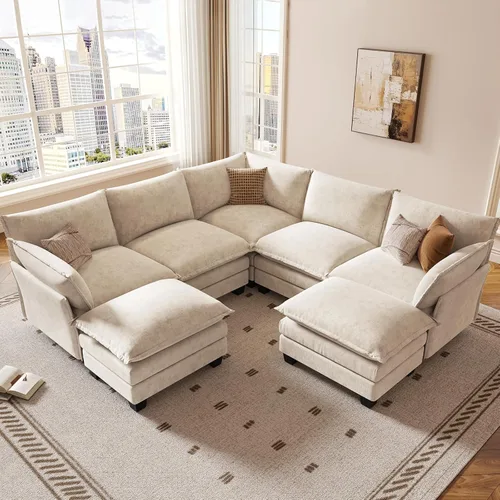 Vista 20 de KKL Sofá Cama Seccional Modular, Sofá Cama Convertible Seccional en Forma de L de 4 Plazas con Otomana, Sofá Nube de Chenilla Seccional para Sala