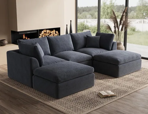 Vista 21 de ohllob Sofás seccionales Cloud de 110 pulgadas para sala de estar, sofá deshuesado en forma de L con otomana, sofá modular de 3 plazas, color negro