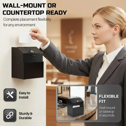 Vista 4 de Flexzion Caja de sugerencias con candado, caja de metal con ranura, caja de donación de montaje en pared con candado para boleta, tarjetas