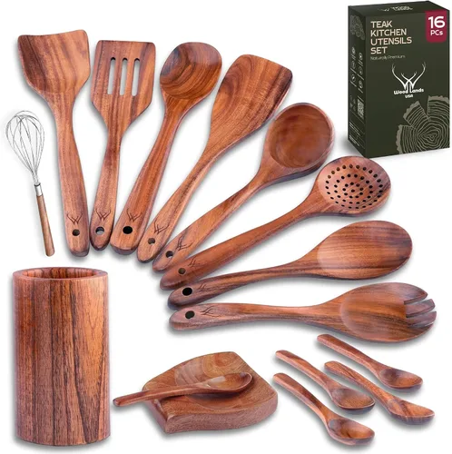 Vista 8 de Cuchara de madera de teca de mango largo de 12 pulgadas para cocinar con soporte de cuchara grande de teca, cucharas de madera de primera calidad