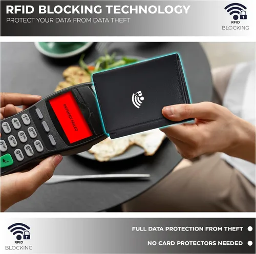 Vista 3 de Billetera triple de cuero real para hombres - Carteras RFID delgadas 9 tarjetas de crédito titular 2 compartimentos de identificación regalo