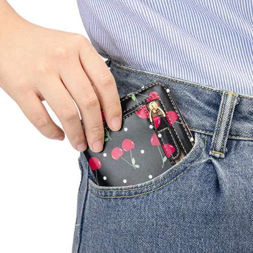 Vista 6 de Walle Rfid - Cartera pequeña y compacta con bolsillo plegable para mujer, minicarjetero de viaje con ventana de identificación, Cereza Negra, Lindo