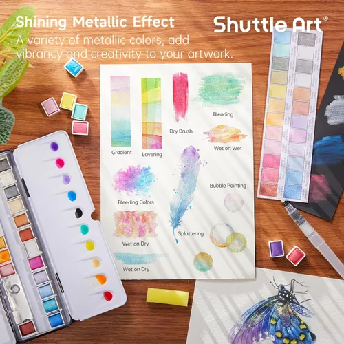 Vista 5 de Shuttle Art - Pinturas de acuarela metálicas, 24 colores de pintura de acuarela con purpurina en medias sartenes con pincel de agua, almohadilla