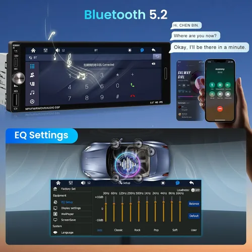 Vista 4 de Estéreo de coche de un solo DIN con CarPlay inalámbrico Android Auto Mirror Link, radio de coche, unidad auricular manos libres Bluetooth de 6.9