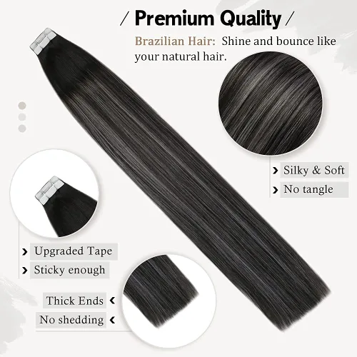 Vista 4 de Moresoo - Extensiones adhesivas de cabello negro de 22 pulgadas, extensiones de cabello Remy #1B/plata/1B y #1B, 1.76 oz + 1.76 oz