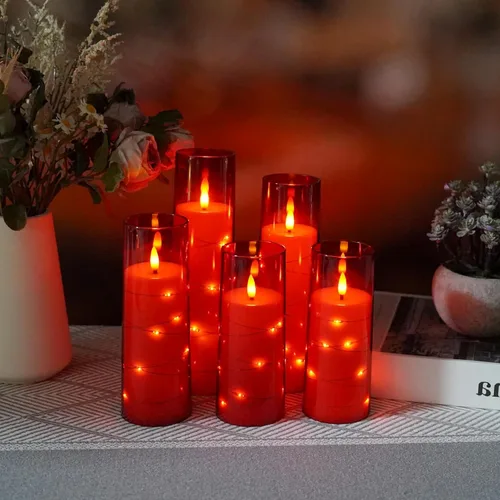 Vista 3 de Velas sin llama, funcionan con pilas, 5 velas LED acrílicas parpadeantes con control remoto, con cadena de estrellas incrustada, vela de pilar sin