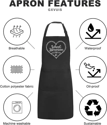Vista 5 de Delantal de bibliotecario escolar para mujer con 2 bolsillos, estampado de corazón, impermeable, ajustable, delantal para cocina, barbacoa