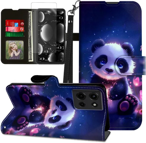 Vista 110 de Funda para Motorola Edge 2022 con protector de pantalla, soporte y tarjetero y correa para la muñeca, funda magnética para Moto Edge 2022 5G UW Lobo