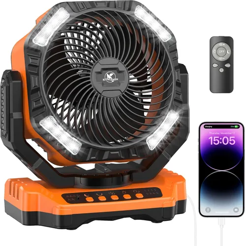 Vista 7 de KITWLEMEN - Ventilador de campamento alimentado por batería de 20 000 mAh, refrigeración máxima de 58 horas, 4 velocidades, luz brillante y gancho