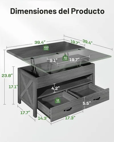 Vista 2 de Marsail Mesa auxiliar elevable, mesa central multifuncional 4 en 1 con compartimento oculto, 2 cajones y estante abierto, altura ajustable para sala