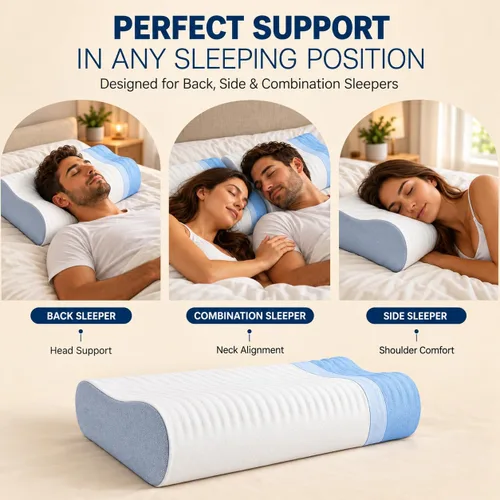 Vista 8 de Eletronova Almohada de espuma viscoelástica para dolor de cuello, almohada cervical CertiPUR-US® con diseño de doble altura, funda de enfriamiento