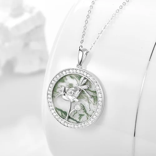 Vista 2 de TANGPOET Sterling Silver Lotus Flower Frog Dragonfly Necklaces Natural Green Moss Agate Pendant Jewelry Gifts for Women Teen Girls with 18"+2" Chain