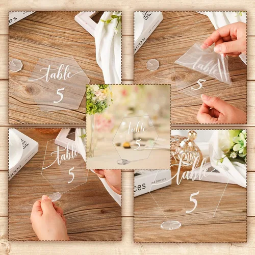 Vista 4 de 30 piezas de acrílico números de mesa 1-30 para recepción de boda, números de mesa transparentes 1-30 con soporte rectangular hexagonal para boda