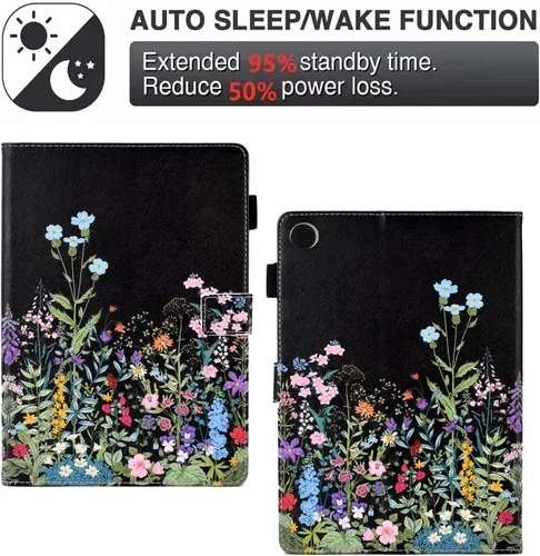 Vista 4 de Funda para tablet Fire HD 8 (8ª/7ª/6ª generación, versión 2018/2017/2016), funda protectora de piel sintética con función atril y encendido Flores