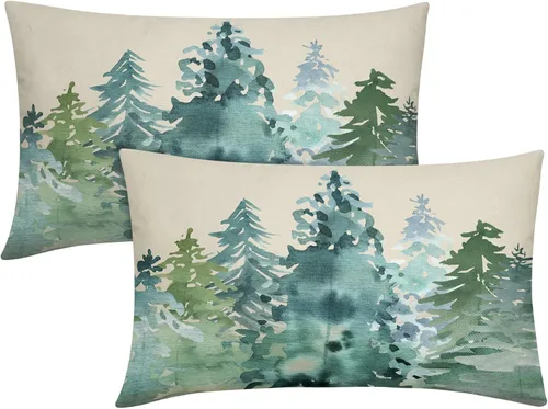 Vista 12 de Juego de 2 fundas de almohada de árbol de acuarela de invierno de 16 x 16 pulgadas, color azul y verde, estilo rústico, estampado de bosque natural