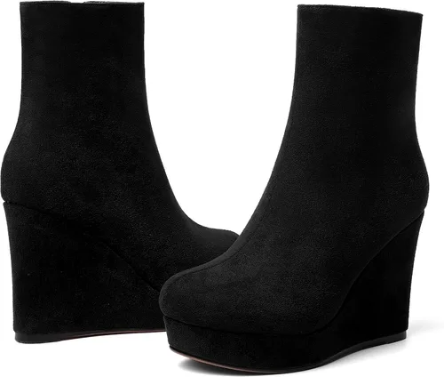 Vista 6 de AMBELIGHT Botas de cuña de gamuza con punta redonda para mujer, con cremallera, plataforma de moda, tacón alto, 4 pulgadas