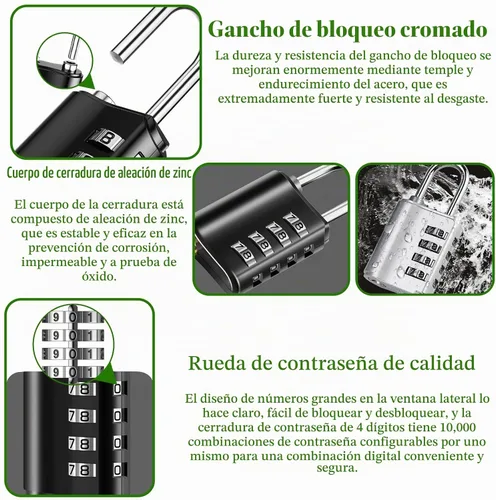Vista 3 de Candado de combinación de 2 piezas, cerradura de contraseña de 4 dígitos con llave, 2 tipos de modo de desbloqueo, cerradura de puerta impermeable