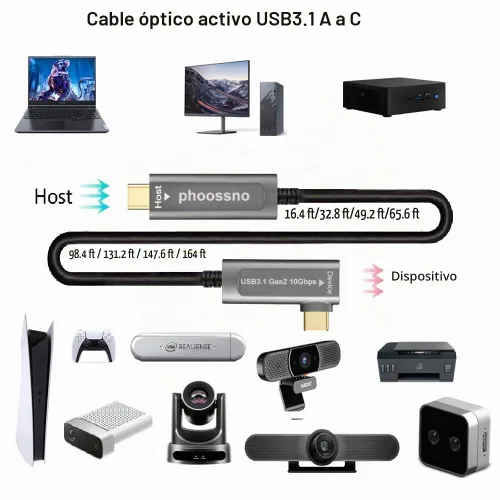 Vista 4 de phoossno Cable de fibra óptica USB C a C, cable de ángulo USB 3.1Tipo C de 10 Gbps 33 pies compatible con Microsoft Azure Logitech Camera Aver &