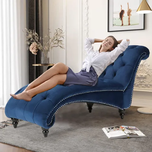 Vista 3 de Chaise Lounge para interiores de 63 pulgadas con botón capitoné sin brazos para sala de estar y dormitorio, respaldo ergonómico refinado moderno Azul