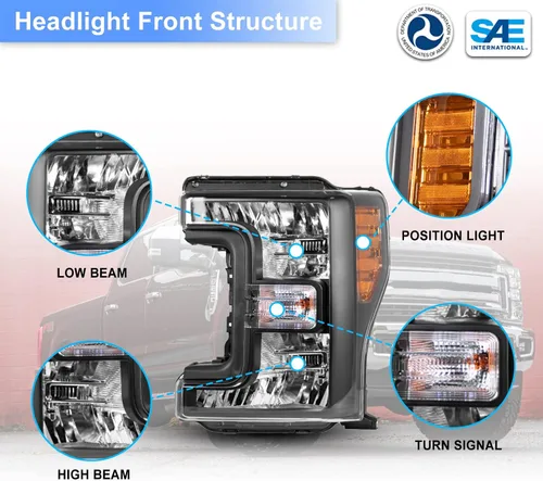 Vista 4 de Par de ensambles de faros ROXX compatibles con [2017 2018 2019 FORD F-250 F-350 F-450 F-550] SUPER DUTY, ensamble de proyector de faros, DRL